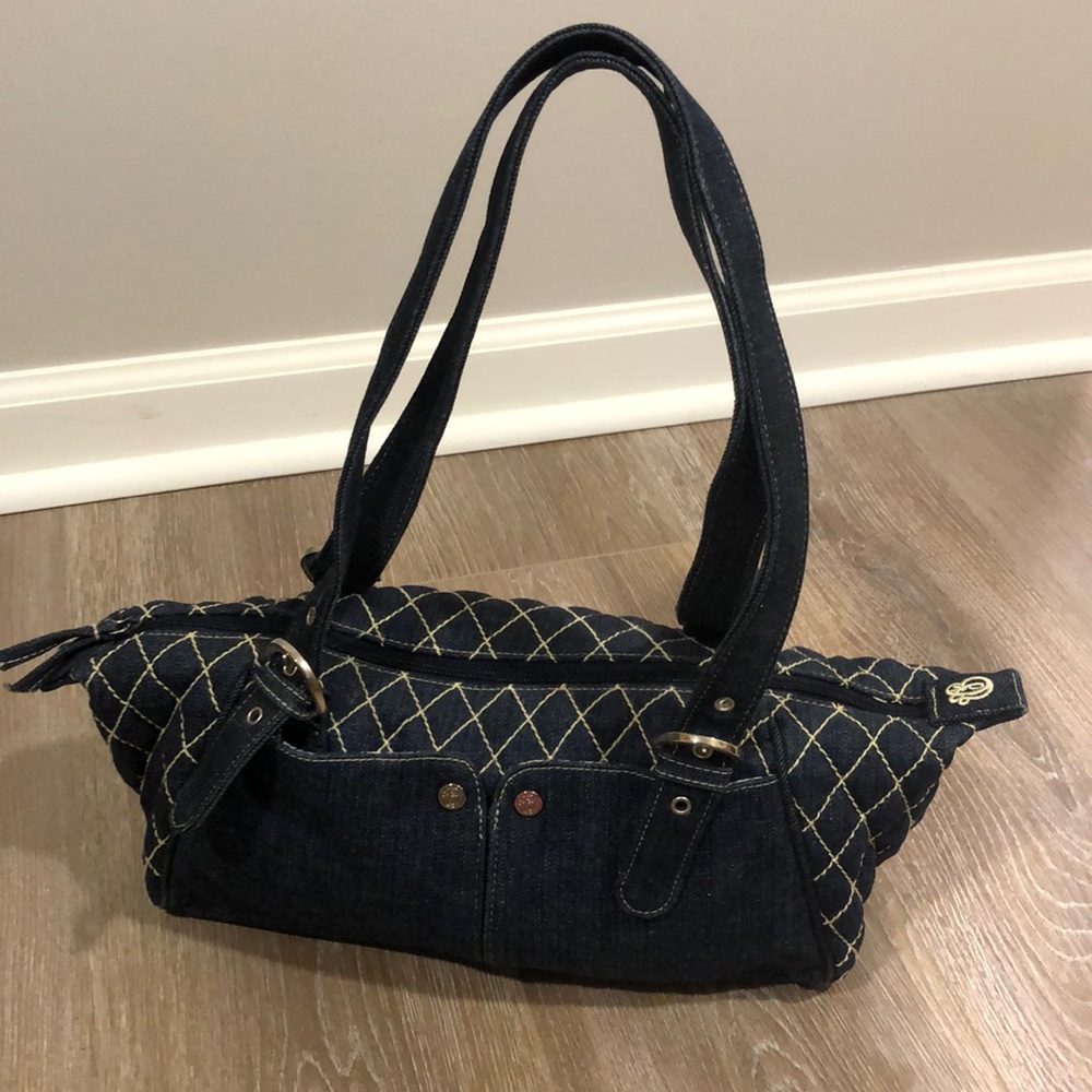 Vera Bradley hand bag denim blue, cross stitch, diamond pattern, paisley liner
